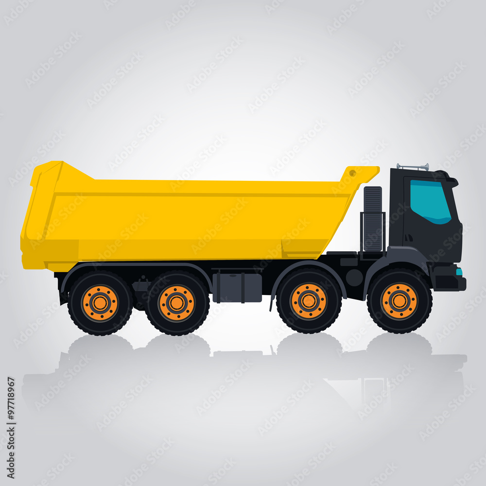 Yellow big truck builds roads. Digging of sand, coal, waste rock and gravel. Golden illustration for banner or icon. Construction and equipment element. Truck Digger Crane, Small Mix Roller Extravator