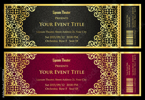 Vintage black and red ticket with golden ornament 