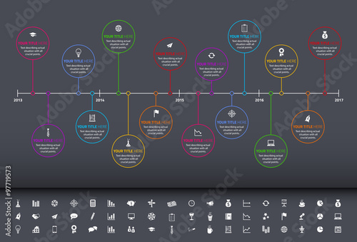 Modern rainbow timeline with circle milestones and set of icons