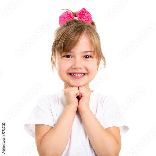 Portrait of a beautiful smiling little girl on a white background