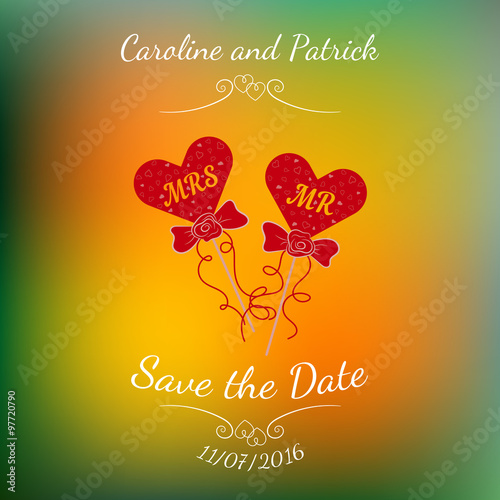 Vector wedding hearts MR and MRS on a stick over colorful blurred background. 