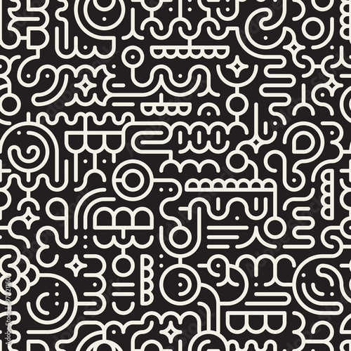 Vector Seamless Black And White Line Art Geometric Doodle Pattern