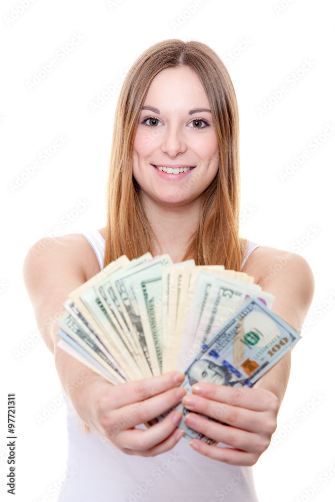 Attractive young woman holding us dollar notes. All on white background. Attractive young woman holding us dollar notes. All on white background.