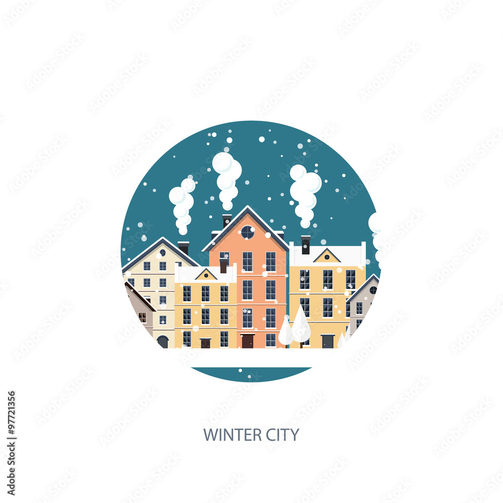 Vector illustration. Winter urban landscape. City with snow. Christmas and new year.  Cityscape. Buildings