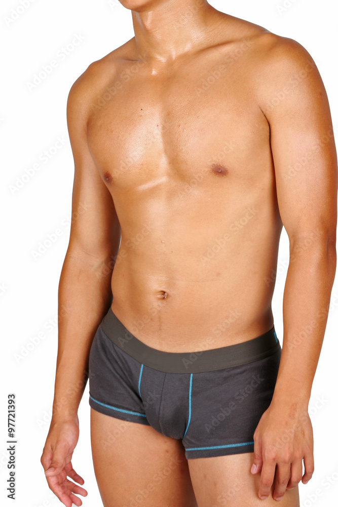 hunky asian in boxer trunks over white background hunky asian in boxer trunks over white background