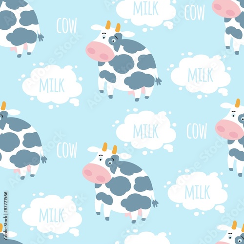 Cow and milk vector seamless pattern. Farm background