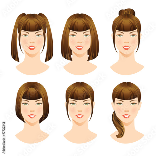 illustrations of beautiful brunette girls with various hair styles. Different hairstyles with bangs. 