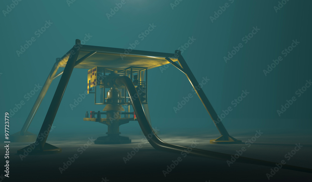Underwater oil and gas equipment protected by a steel cage structure. Fictitious protection structure, oil and gas equipment. Murky water to emphasize depth and blurred image for dramatic effect.