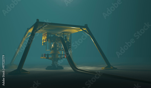 Underwater oil and gas equipment protected by a steel cage structure. Fictitious protection structure, oil and gas equipment. Murky water to emphasize depth and blurred image for dramatic effect. © pixone3d