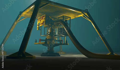 Underwater oil and gas equipment protected by a steel cage structure. Fictitious protection structure, oil and gas equipment. Murky water to emphasize depth and blurred image for dramatic effect.