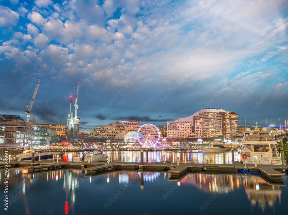 Fototapeta premium Modern buildings of Darling Harbour, Sydney. City night skyline