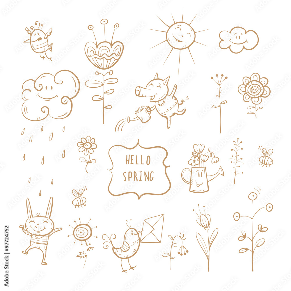 Vector spring set. Cartoon animals and plants.