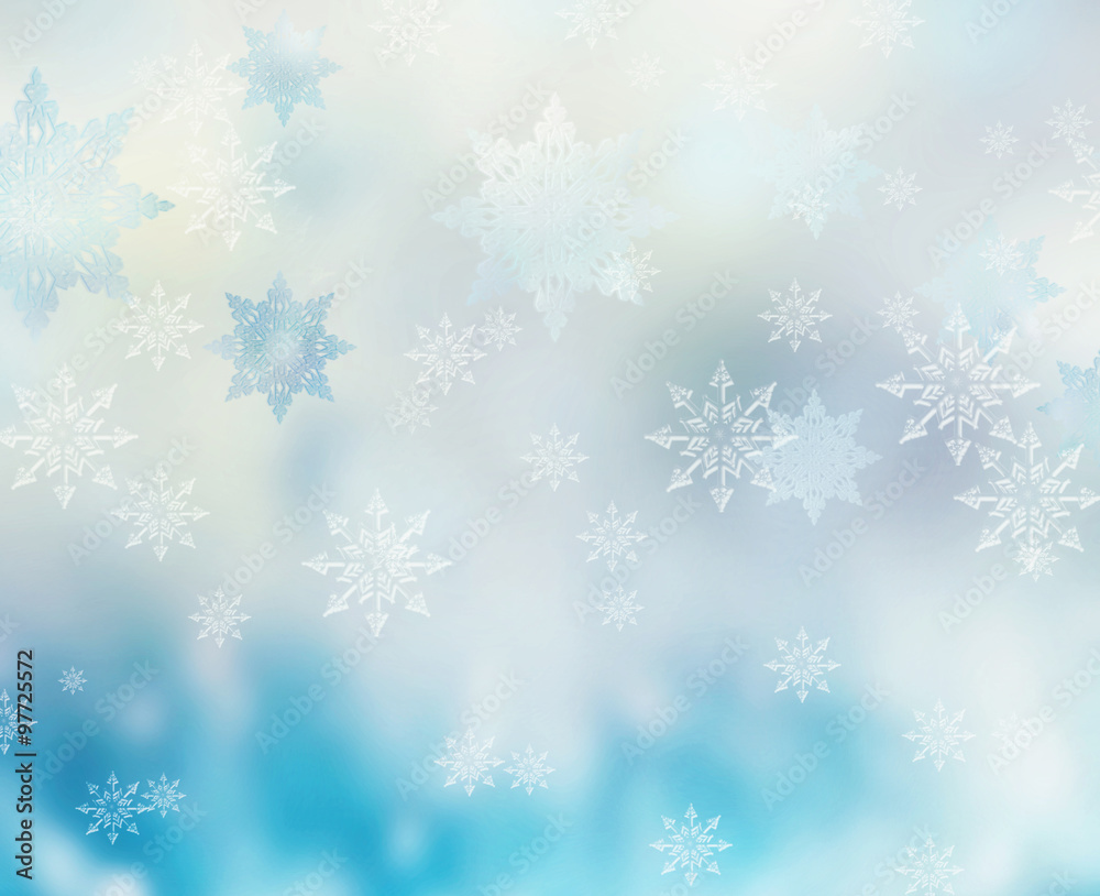 Winter snowy snowflakes blur background.