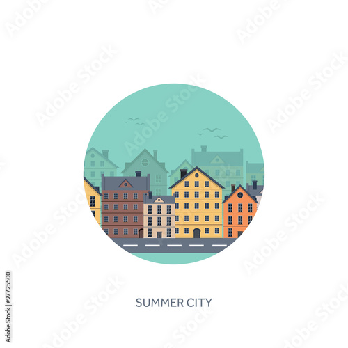 Vector illustration. City silhouettes. Cityscape. Town skyline. Panorama. Midtown houses. Summer