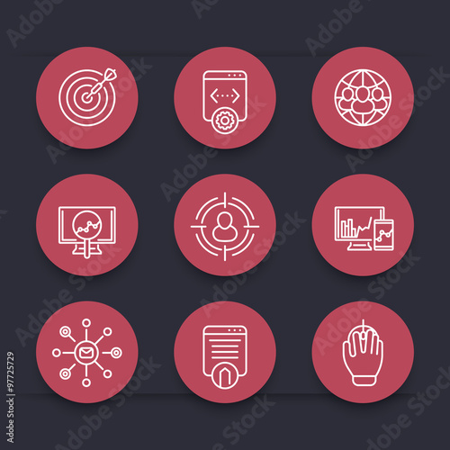 seo line round red icons, search engine optimization, website indexing, internet marketing, web page indexing, vector illustration