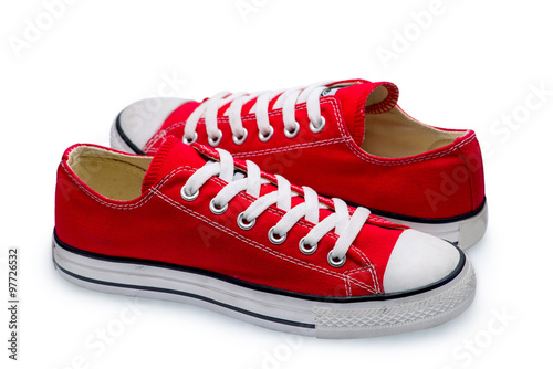 A pair of red gumshoes with shoelace