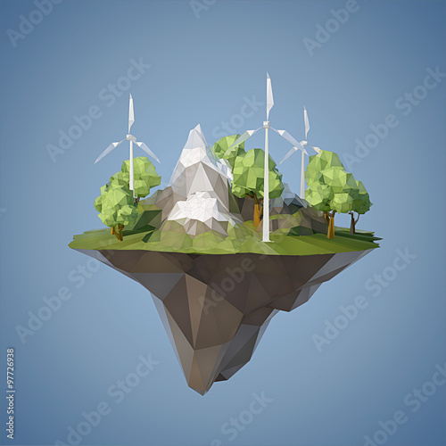 Ecology concept with low poly island with windmills trees, mountains and grass