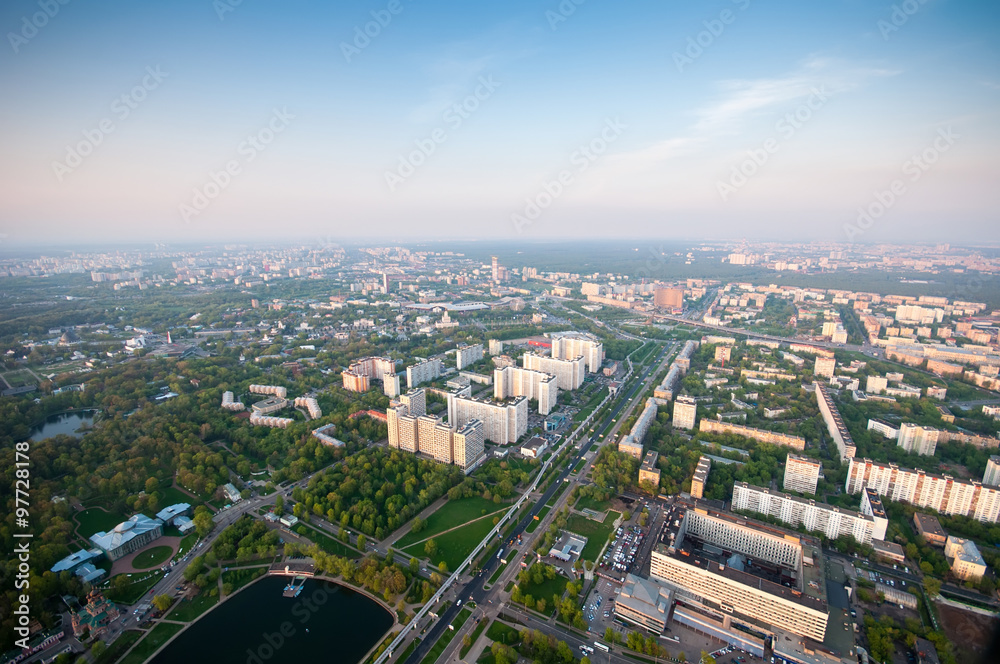 Bird's eye view Ostankino district and VDNH in Moscow Russia