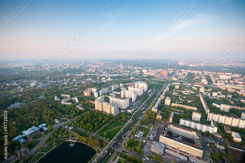 Bird's eye view Ostankino district and VDNH in Moscow Russia