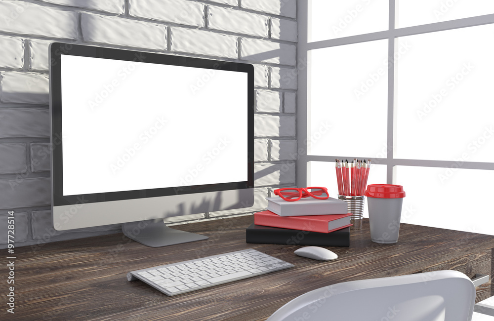 Fototapeta premium 3D illustration PC screen on table in office, Workspace