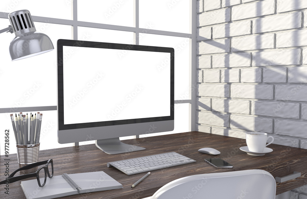 Fototapeta premium 3D illustration PC screen on table in office, Workspace