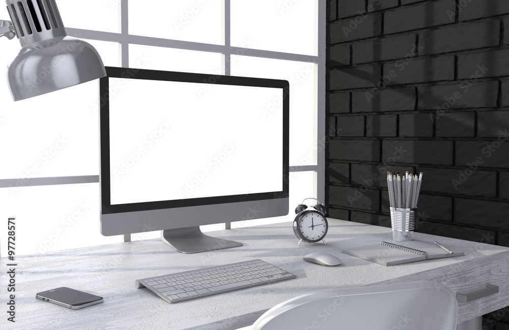 Fototapeta premium 3D illustration PC screen on table in office, Workspace