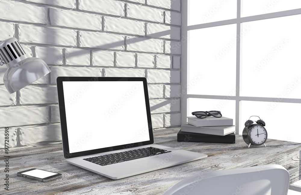Fototapeta premium 3D illustration laptop and work stuff on table near brick wall, Workspace