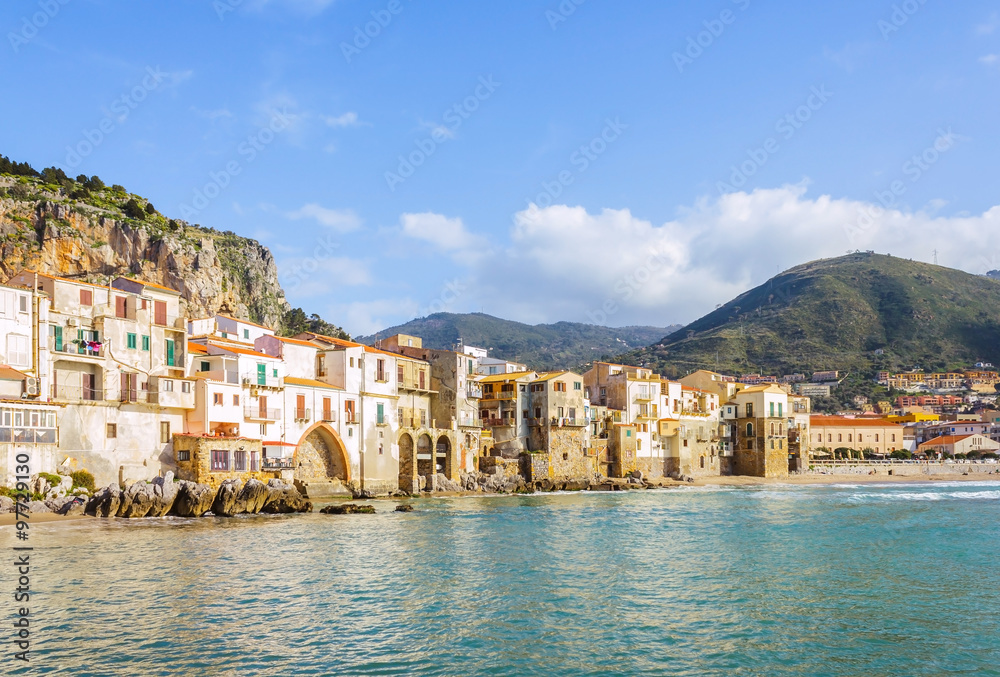 View of beach town Cefalu in Sicily, Italy