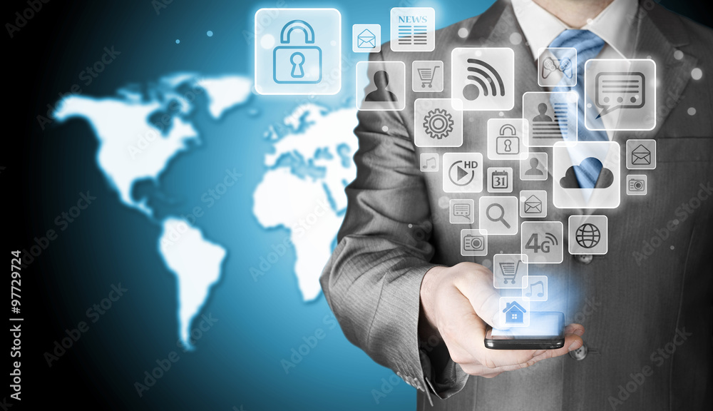 Business man using smart phone with social media icon set Business man using smart phone with social media icon set