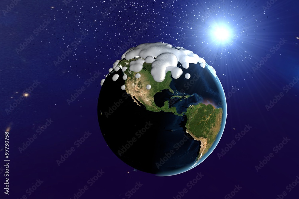 Snowing. The planet Earth from space showing North and South America. The globe is covered with snow. Fantastic background. Elements of this image furnished by NASA