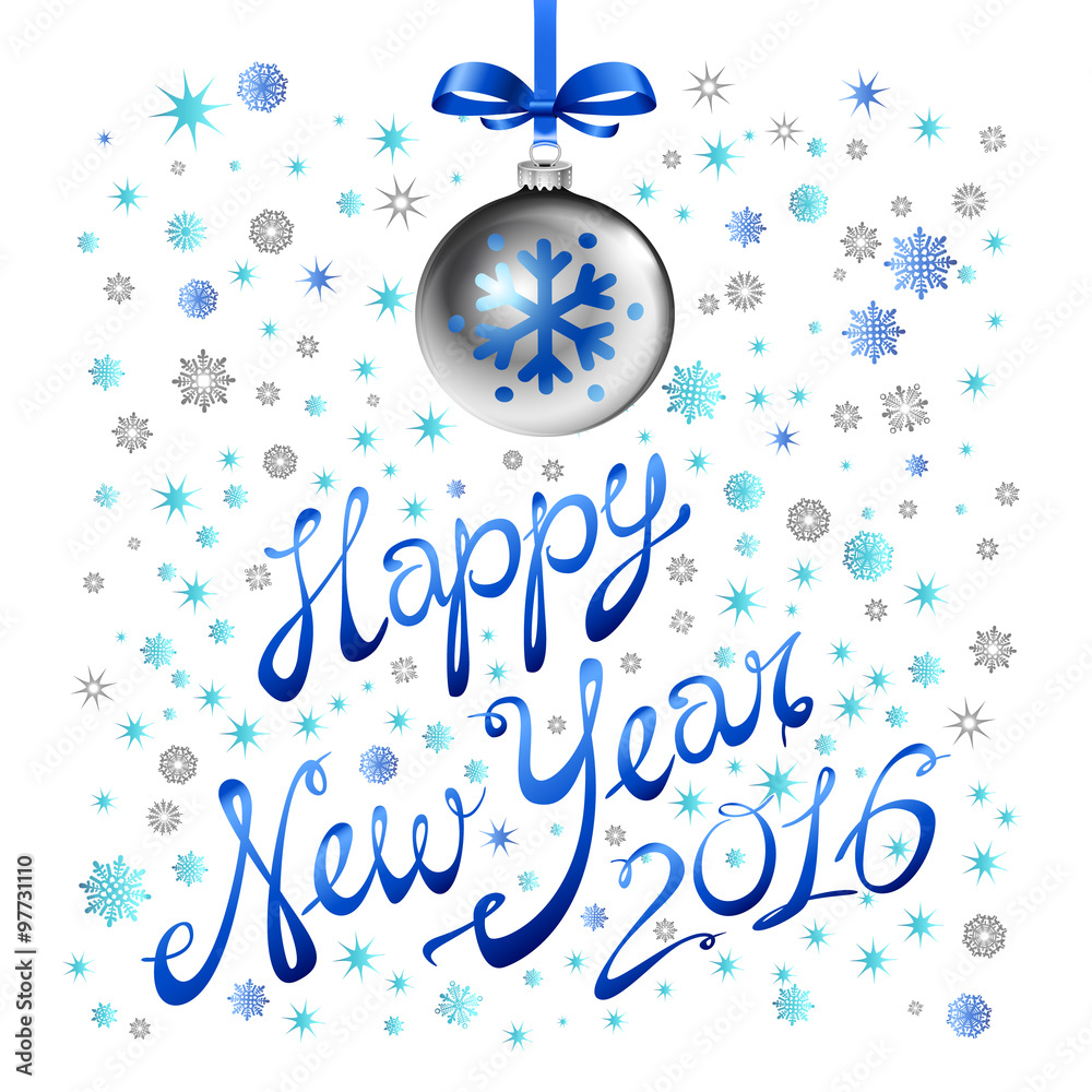 blue snowflake. happy new year. silver ball 2016