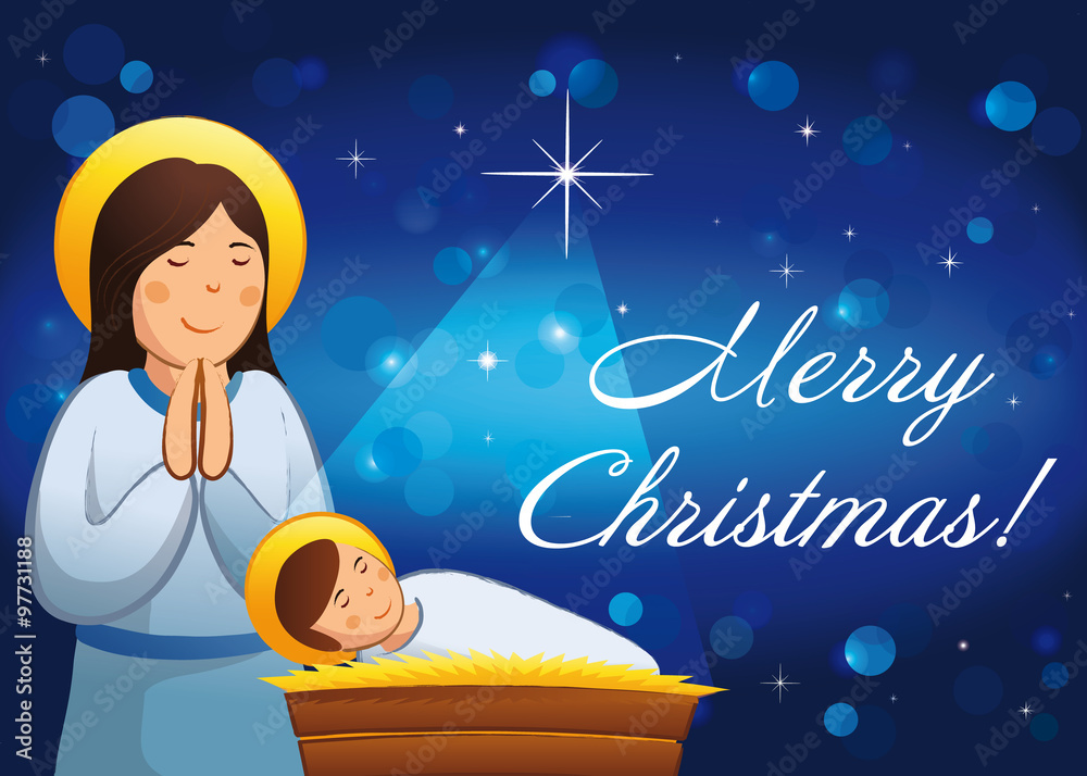 Merry Christmas cards. Christmas nativity scene with holy family Mary and baby Jesus