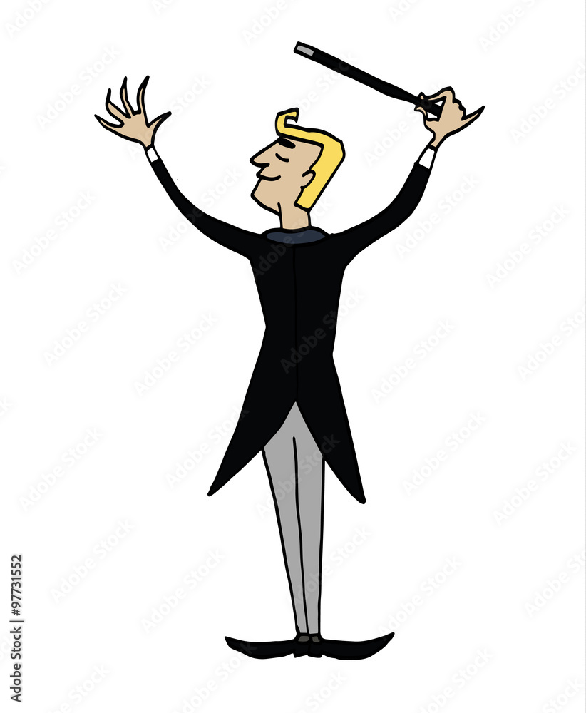 Cartoon conductor. Musician conductin with a baton. Clipart, hand-drawn