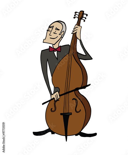 Cartoon bassist. Musician playing a bass. Clipart, hand-drawn simple illustration of a man playing a musical instrument.