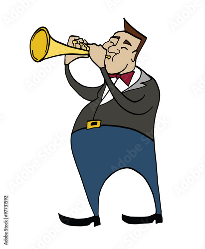 Cartoon trumpeter. Musician playing a trumpet. Clipart, hand-drawn simple illustration of a man playing a musical instrument.