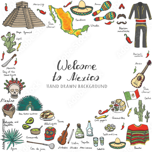 Hand drawn doodle Mexico set Vector illustration Sketchy mexican food icons United Mexican States elements Flag Maracas Sombrero Viva Mexico Maya Pyramid Aztec Tequila Agave Mariachi Poncho Guacamole