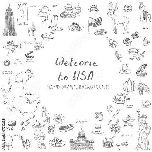 Hand drawn doodle USA set Vector illustration Sketchy american icons United States of America elements Flag Statue of Liberty Eagle Fast food Corn Skyscraper Deer Bison Cowboy hat boot Native American