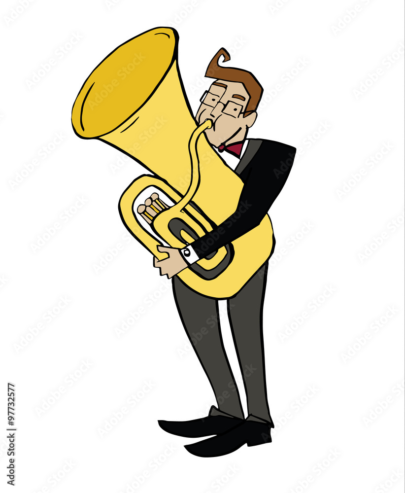 Cartoon tubist. Musician playing a tuba. Clipart, hand-drawn