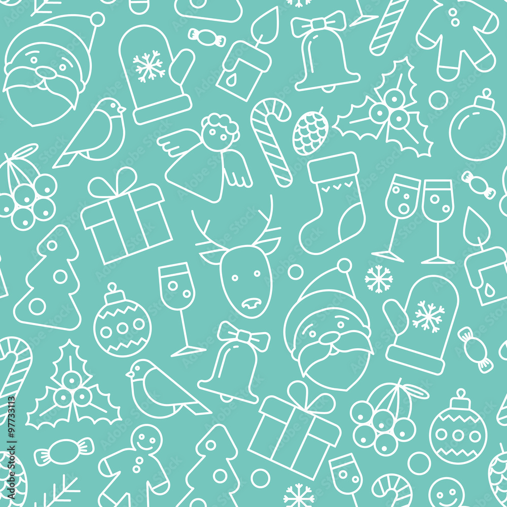 Seamless texture with white stylized flat liner Christmas elements on turquoise background. Wallpaper, pattern fills, textile, web page background, surface textures. Vector illustration. Seamless texture with white stylized flat liner Christmas elements on turquoise background. Wallpaper, pattern fills, textile, web page background, surface textures. Vector illustration.