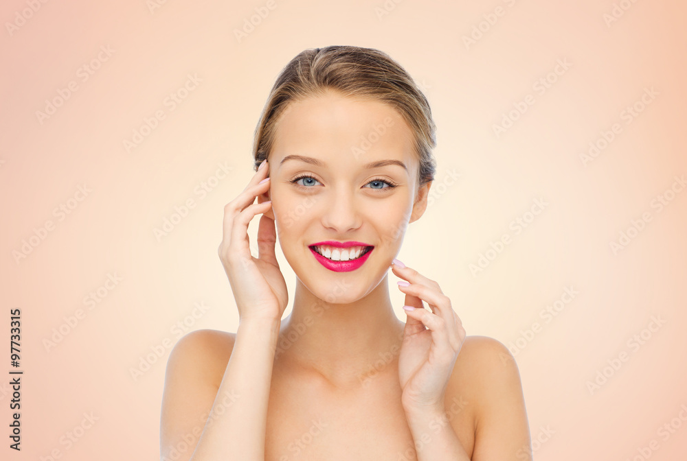 smiling young woman with pink lipstick on lips smiling young woman with pink lipstick on lips