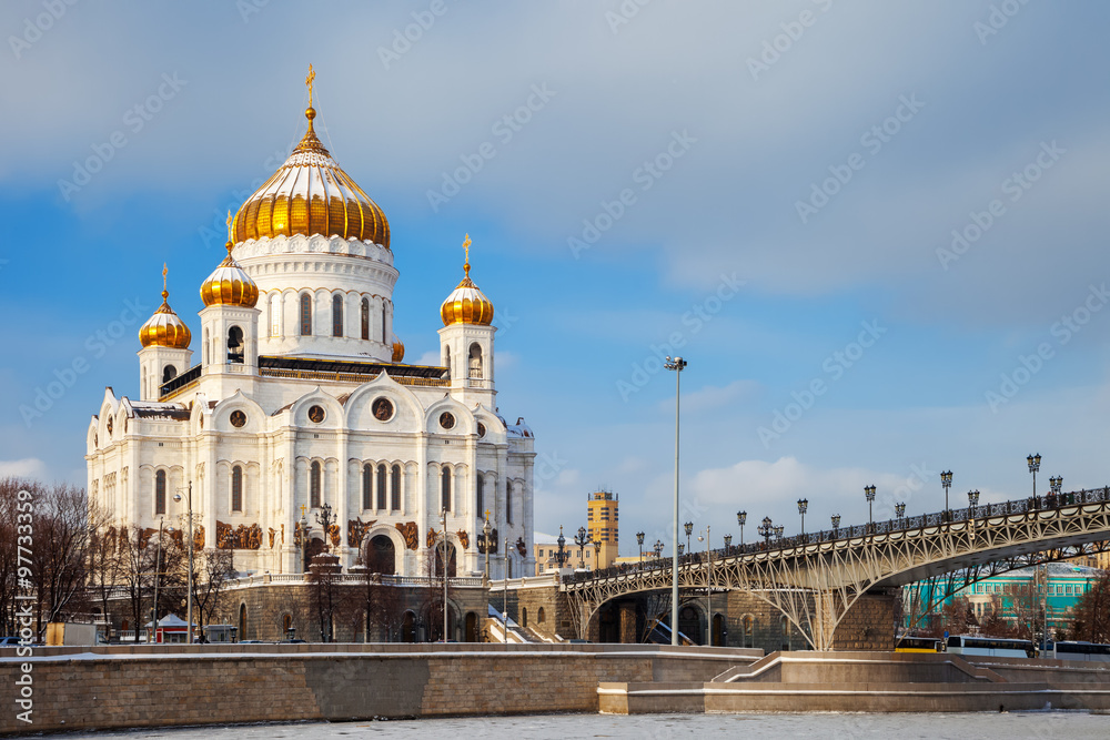 Orthodox Church of Christ the Savior and bridge in Moscow at win