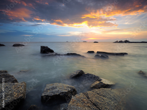 Dramatic sunset sky at seascape of Malacca, Malaysia.