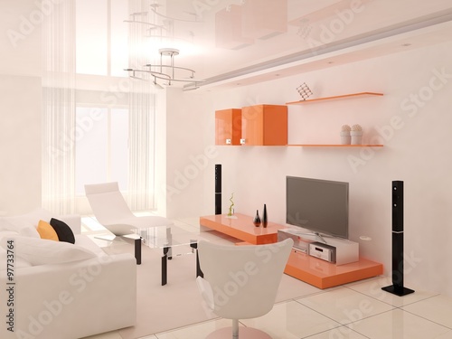 Minimalist orange living room.