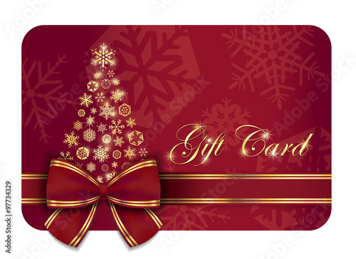 Red Christmas gift card with wine ribbon and gold snowflakes