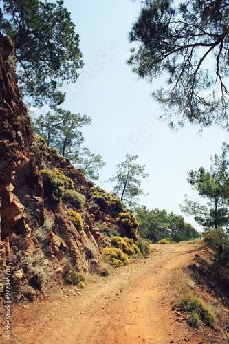 Road to Sazak Bay. Pine-trees and rocks. Aged. photo