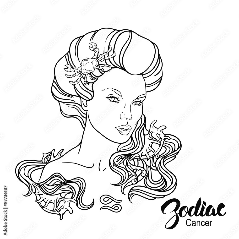 Zodiac. Vector illustration of Cancer as girl with flowers. Zodiac. Vector illustration of Cancer as girl with flowers.
