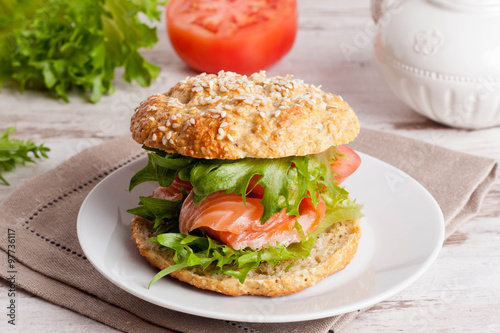 breakfast - burger with smoked salmon, vegetables
