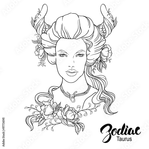 Zodiac. Vector illustration of Taurus as girl with flowers. 