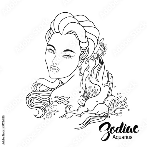 Zodiac. Vector illustration of Aquarius as girl with flowers.