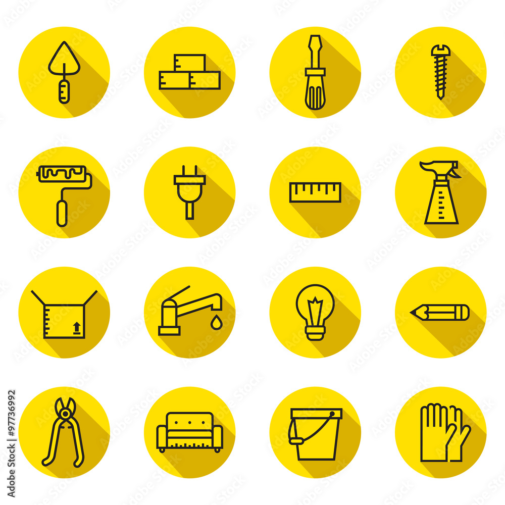 Home repair and construction flat (black and yellow) vector icons set with shadows. Modern minimalistic design. Home repair and construction flat (black and yellow) vector icons set with shadows. Modern minimalistic design.